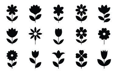 Fifteen Black Stylized Flower Icons Including Tulips and Daisies on White Keywords: flower, silhouette, icon