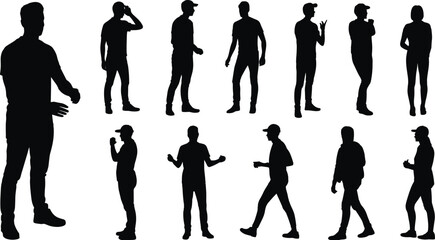 Silhouette, people, walking, standing, casual, posture, gesture, black, white, background, human, motion, urban, lifestyle, crowd, anonymous, diversity, illustration, design, concept