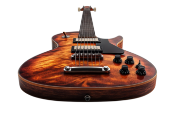 Electric guitar with a beautiful flame maple top and dark wood trim on transparent background