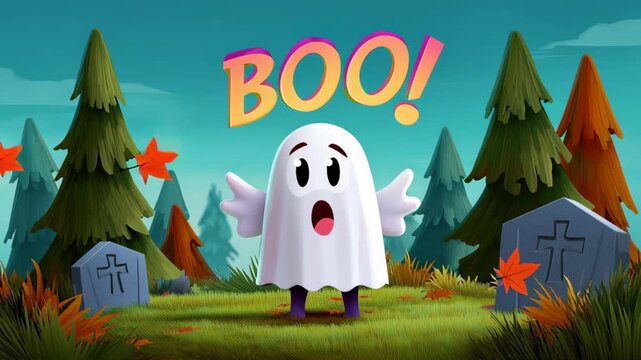 Playful cartoon ghost in a spooky graveyard scene.