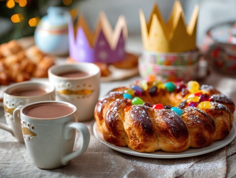 Festive Rosca de Reyes cake with colorful toppings and hot chocolate for Three Kings Day celebration.