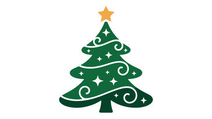 A decorated Christmas tree with a star on top is depicted on a white background.
