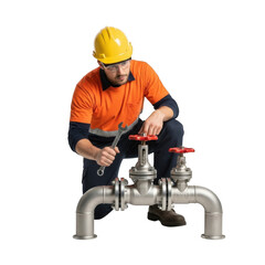 Skilled tradesperson wearing safety gear adjusting industrial pipeline valve with wrench isolated on transparent background