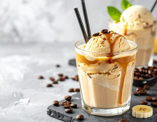 Kremowa kawa mrożona z kulką lodów śmietankowych
