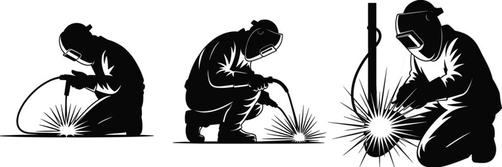 Welding silhouette, industrial worker, protective gear, sparks flying, metal fabrication, safety helmet, construction site, skilled labor, manufacturing process, black background