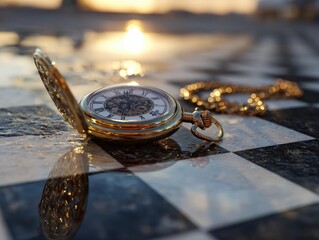 Golden Pocket Watch Chessboard Reflections Sunset Light Elegant Timepiece Strategic Game Concept Classic Horology Golden Hour Outdoors Sparkling Water Surface