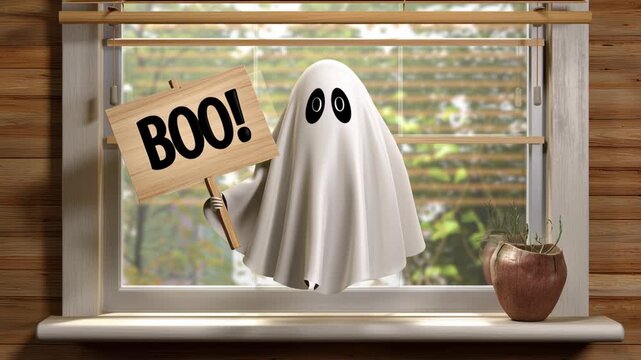 Playful ghost decoration in a cozy window.