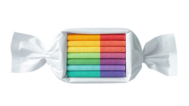 Candy wrapper with rainbow colored markers inside isolated on transparent background