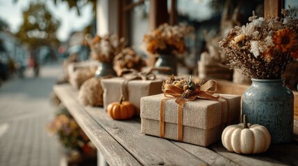 Fototapeta premium Rustic autumn gift arrangement with pumpkins, dried flowers and wrapped presents on a wooden table outdoors perfect for cozy seasonal marketing and Thanksgiving visuals