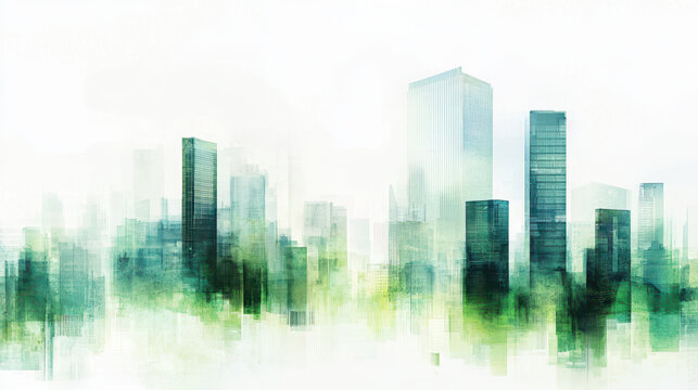Tranquil cityscape featuring modern skyscrapers shrouded in mist, creating serene and ethereal atmosphere. blend of green hues enhances calm