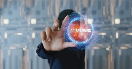 Digital Co-branding Concept: A futuristic hand hovers over an interactive digital interface. Focused on co-branding. This conceptual image conveys innovation, cooperation.