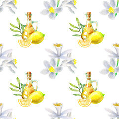 Watercolor seamless pattern of lemons and green olive branch and lemon flowers isolated on a white background.