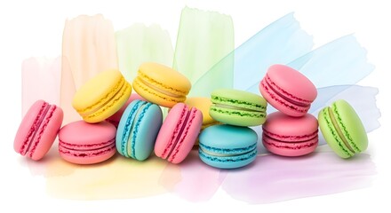 Obraz premium Assorted Pastel Macarons in Pink, Yellow, Blue, and Green, Arranged on a Vibrant Watercolor Background, A Whimsical and Elegant French Dessert Perfect for Parties, Gifts, and Special Occasions