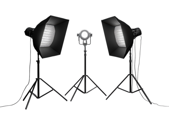 Professional studio lighting setup with softboxes and a spotlight on tripods against a black backdrop on transparent background - Powered by Adobe