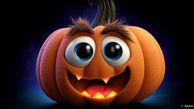 Smiling pumpkin with Halloween theme decor.