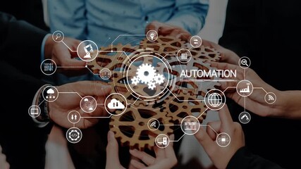 A diverse team engaged in the concept of automation, featuring gears and digital elements that represent innovation and collaboration in modern business practices. Raster - Powered by Adobe
