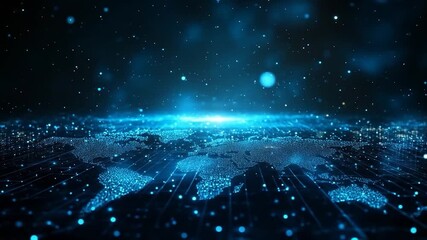 Digital world map formed by glowing blue particles on a dark background - Powered by Adobe