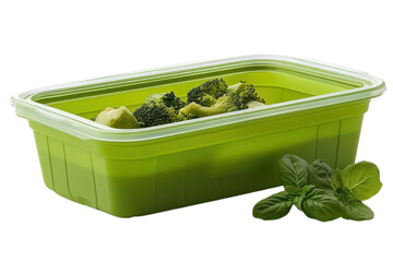 Fresh broccoli florets in a green food storage container with basil leaves for healthy eating on transparent background