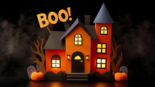 Spooky Halloween house with pumpkins and ghosts.