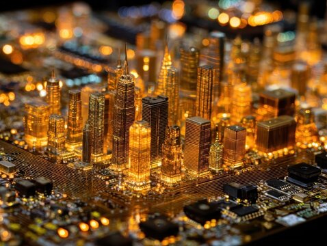 Golden Microchip City Architecture Glowing Electronic Components Integrated Circuit Board Urban Display Futuristic Technology Metropolis Illumination Digital Infrastructure