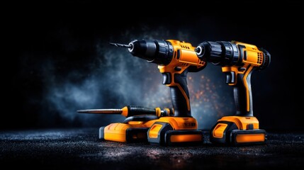 High-performance cordless drills with drill bits and screwdriver on a dark, smoky background showcasing power tools