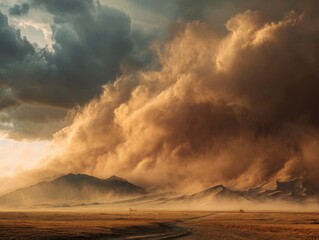 Dramatic Desert Landscape with Approaching Dust Storm Vast Expanse of Arid Land Under Threatening Skies and Swirling Sand Clouds Capturing Raw Power and Untamed Beauty of Nature