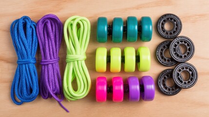 Colorful assortment of roller skate wheels and laces arranged neatly on a wooden surface