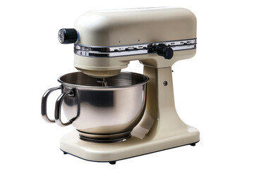 Beige stand mixer with stainless steel bowl for baking and cooking in a kitchen setting on transparent background