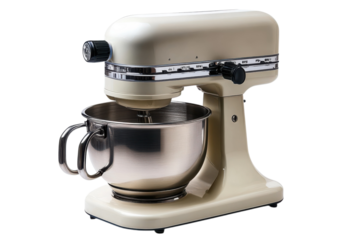 Beige stand mixer with stainless steel bowl for baking and cooking in a kitchen setting on transparent background