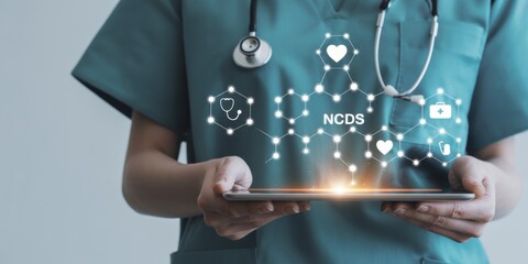 Healthcare Professional with Futuristic Tech: A healthcare professional, embodying knowledge, skillfully navigates a digital tablet overlaid with a network of innovative medical concepts.