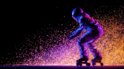 A skater in a futuristic suit glides through vibrant sparks against a dark background, showcasing dynamic movement