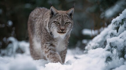 Obraz premium A majestic lynx walks cautiously through a snow covered forest during winter its gaze alert and focused on its surroundings