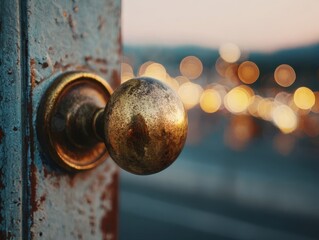 Grungy Brass Doorknob on Rustic Wood Door With Blurred City Lights Bokeh Background Evoking Urban Serenity and Warm Evening Ambiance Outdoors Scene