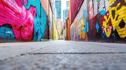 Vibrant graffiti adorns walls of narrow alley, showcasing colorful street art and urban culture. scene evokes sense of creativity and energy
