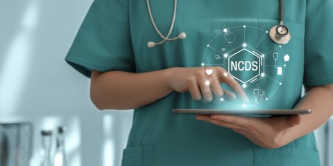 Healthcare and Technology Integration: A medical professional employs a digital tablet, symbolizing the merging of healthcare and technology