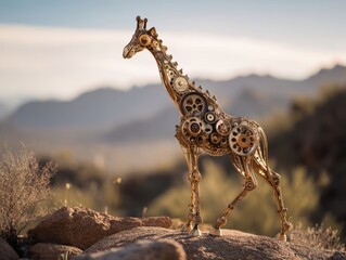 Steampunk Giraffe Sculpture Desert Landscape Gold Gear Art Wild West Inspiration Robotic Animal Figure Outdoor Art Installation Desert Flora Background Clear Sky Mountains