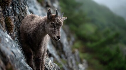 Fototapeta premium A young mountain goat stands cautiously on a steep rocky cliff face in a misty alpine landscape