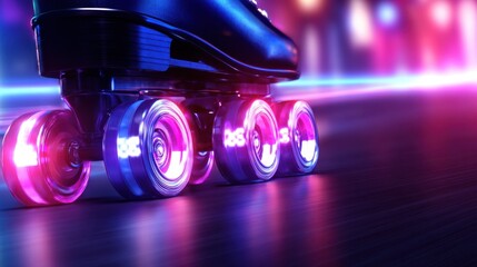 Close-up of roller skate wheels illuminating in vibrant colors on a smooth urban street at night