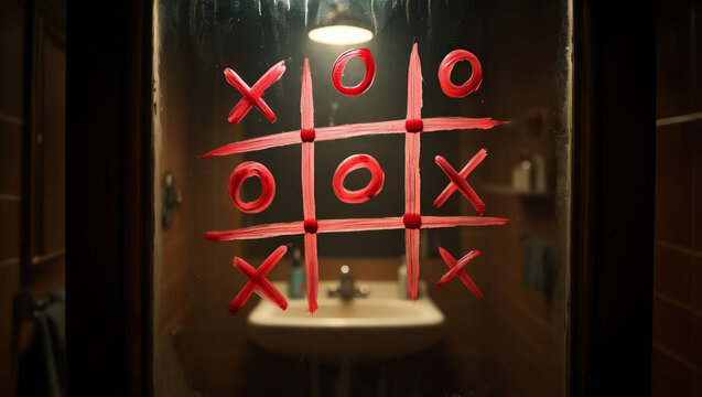 A tic-tac-toe game drawn in red lipstick on a dirty public restroom mirror, with a blurry reflection of the sink in the background