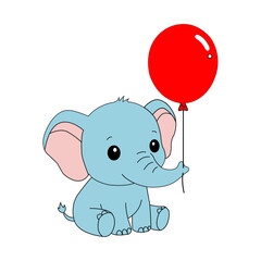 Cute baby elephant holding red balloon vector illustration