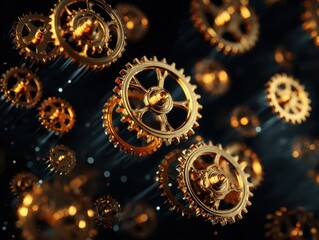 Abstract Golden Clockwork Gears on Dark Background Intricate Mechanical Components and Industrial Precision Engineering Concept