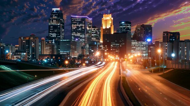 Vibrant city skyline at night with traffic lights.