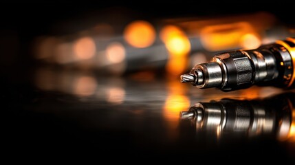 Close-up of a metallic pen tip reflecting warm light, with blurred background showcasing vibrant bokeh