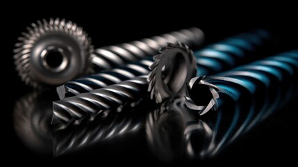 Close-up view of various metal drill bits showcasing intricate designs and reflective surfaces on a dark background