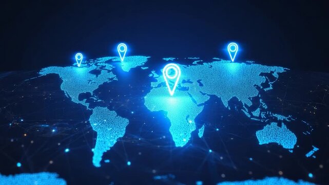 Digital world map with glowing location pins
