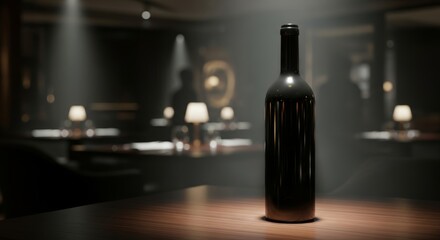 Elegant dark red wine bottle on a table in moody restaurant ambience