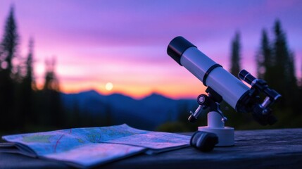 Scenic view of a telescope beside a map at sunset in the mountains, perfect for outdoor adventure planning