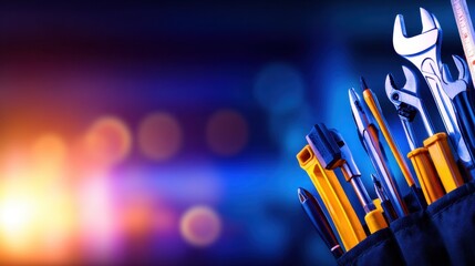A vibrant collection of tools arranged in a toolbox against a blurred colorful background, showcasing craftsmanship