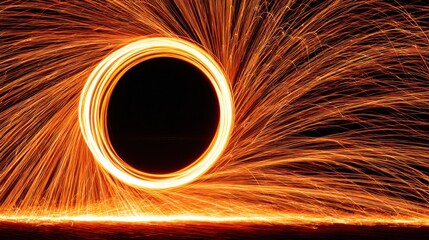 Captivating display of spinning sparks creating a fiery circle against a dark backdrop, showcasing dynamic motion