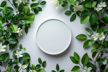 Stylish minimalist white round podium mockup showcasing natural organic cosmetic products, surrounded by a vibrant frame of green leaves and flowers on a trendy flat lay background, creating a visuall